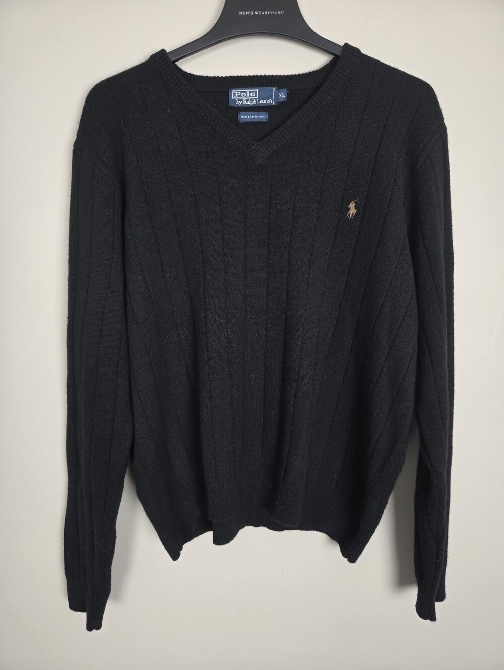 Polo Ralph Lauren Men's XL Black 100% Lambswool V-Neck Knit Sweater Pony